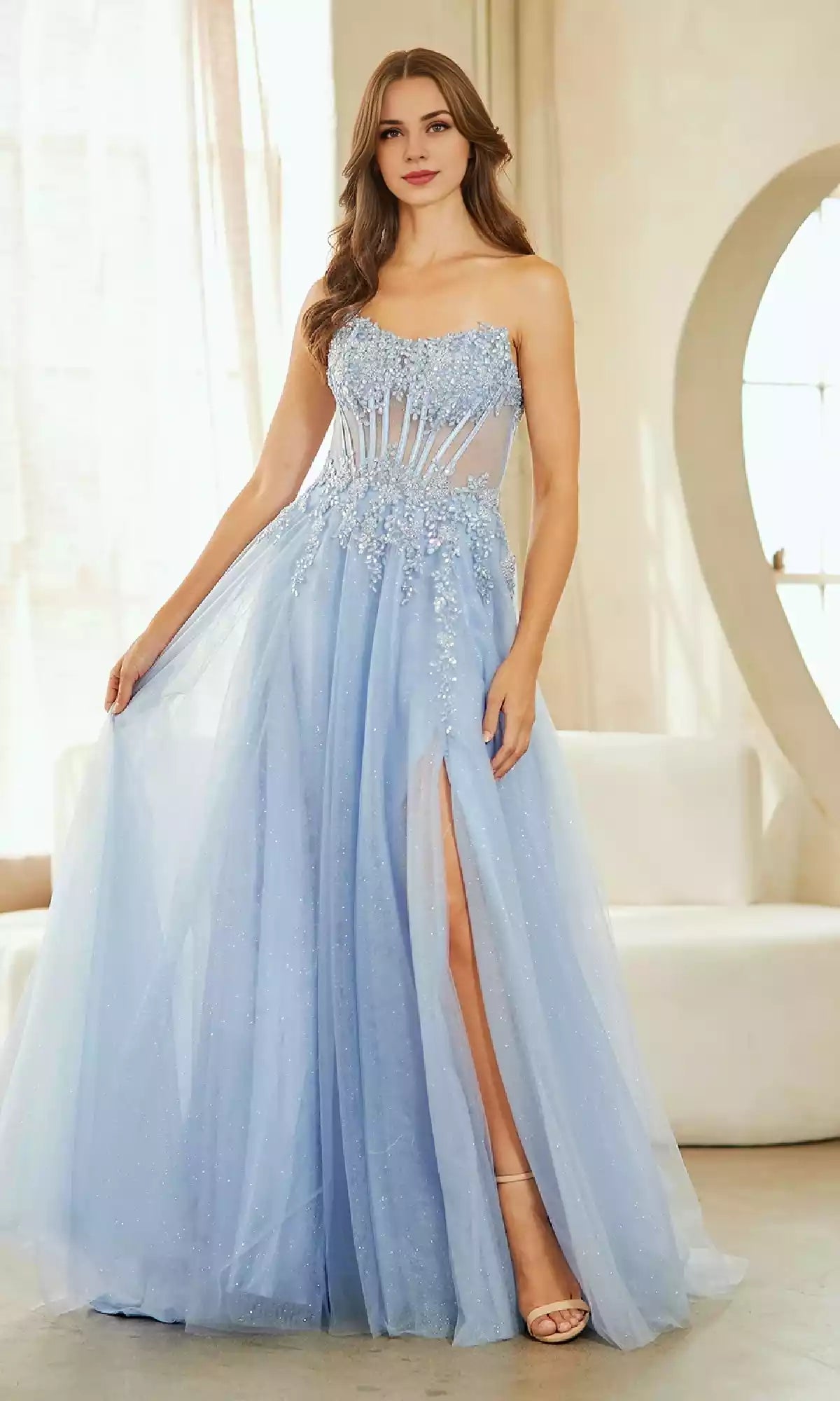 Shiny beaded lace perspective decorative corset concealer pleated side slit Prom Dresses